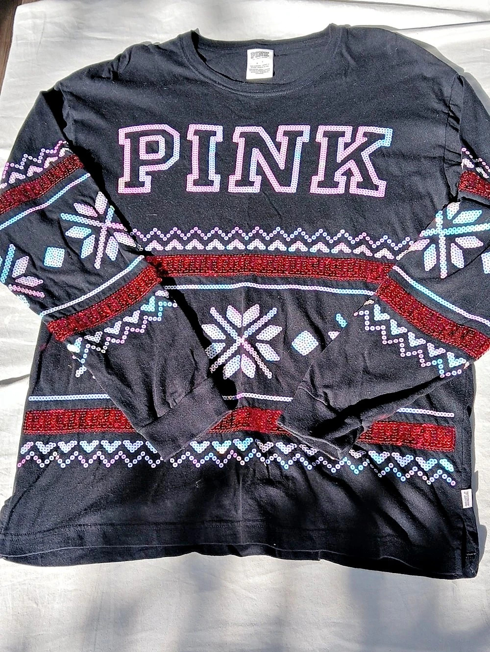 Victoria Secret PINK Sequin Fair Isle Holiday Long Sleeve Tee Black & Pink 2018
